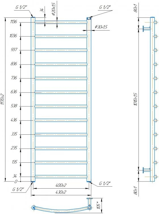 Водяна рушникосушка INOX Класік 1170х430/400