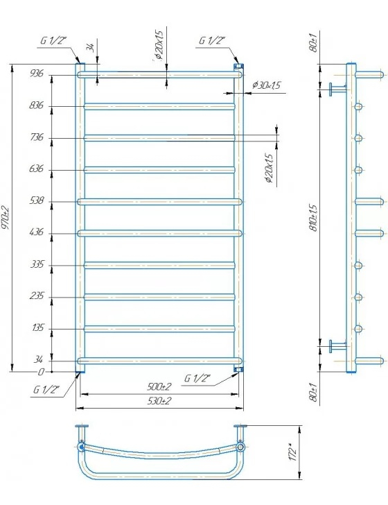 Водяной полотенцесушитель INOX Люкс 970х530/500
