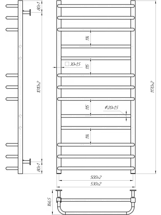 Водяна рушникосушка INOX Преміум Люкс 1170х540/500