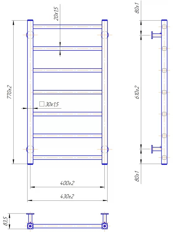 Водяной полотенцесушитель INOX Токио 770x430/400