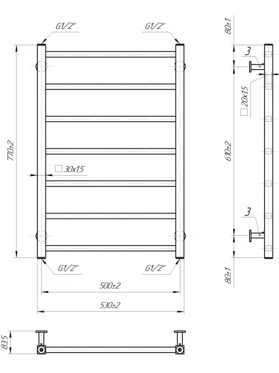 Водяной полотенцесушитель INOX Токио 770х530/500 черный мат